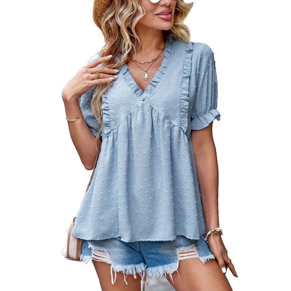 La Mode Blue Swiss Dot Ruffle Accent V Neck Top Size S - Picture 2 of 3